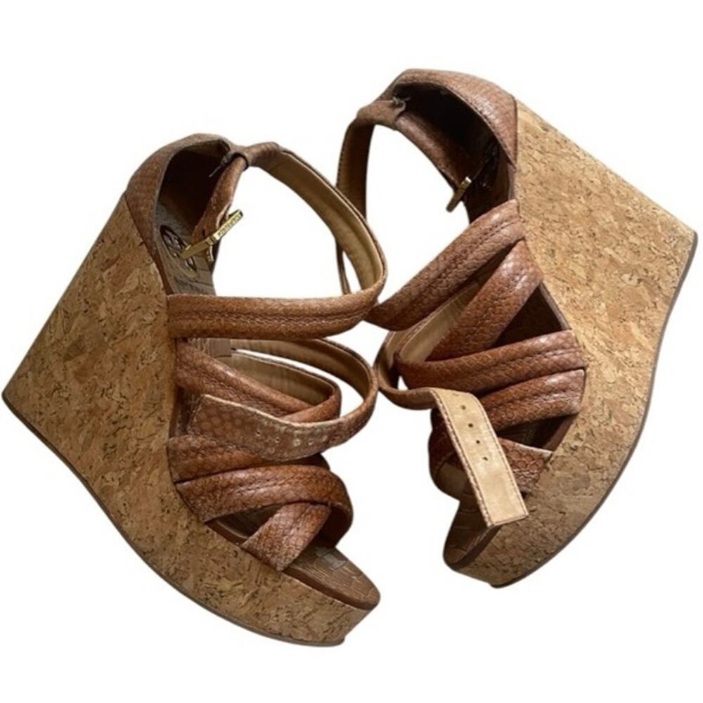 Tory Burch Jeanine Brown Snake Print Cork Wedge Sandals